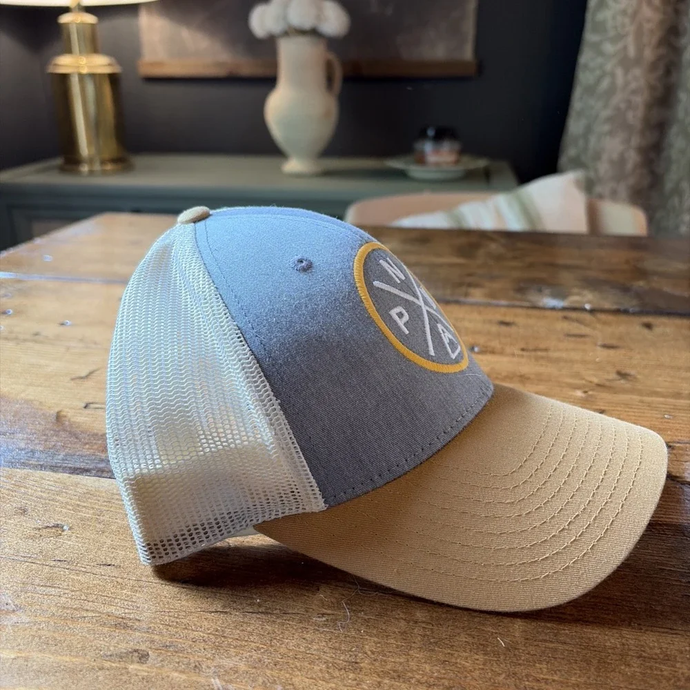 PNW Mountain Hiking Nature Baseball Ballcap Hat Gray And Mustard Unisex Onesize